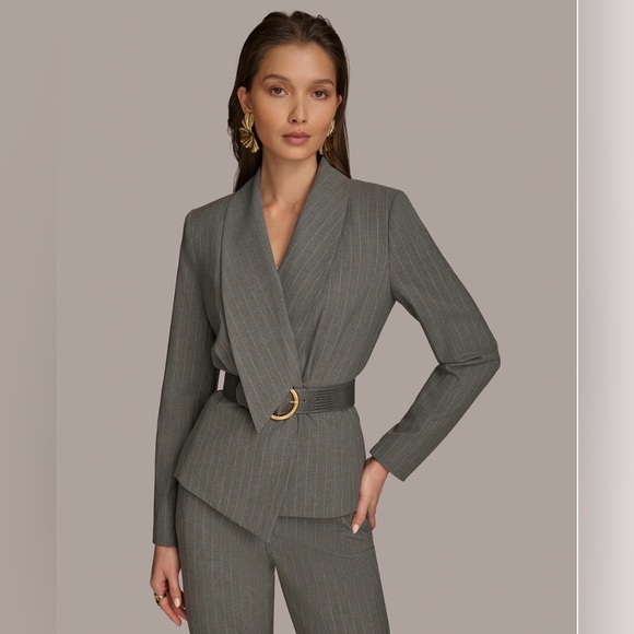 Donna Karan Jackets & Blazers - NWT Donna Karan Women’s Belted Pinstripe Jacket. Size 8. Arctic Frost/Ivory